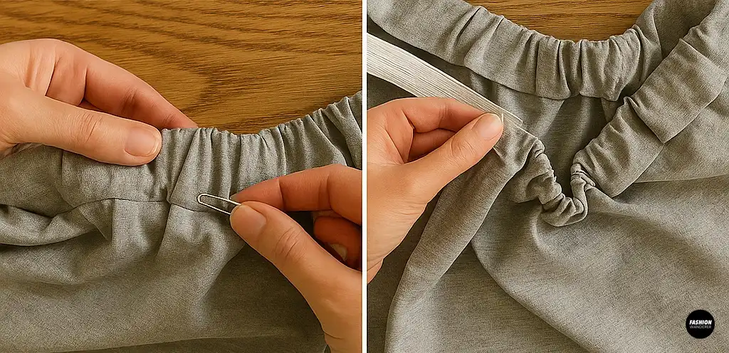 Safety pin used as a threader to pull elastic through the waistband casing of a no-sew pillowcase skirt.