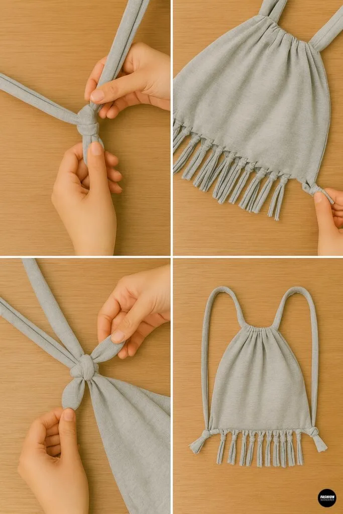 Hands tying knots to secure straps at bottom of no-sew T-shirt backpack with fringe detail.