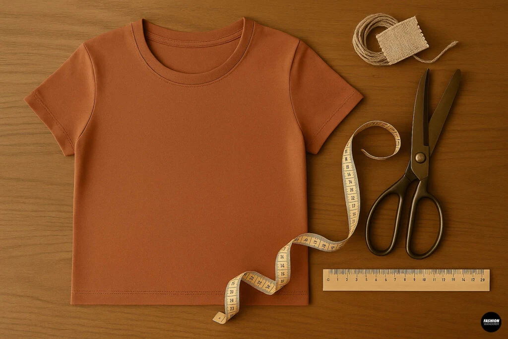 Flat lay of brown cropped t-shirt with measuring tape, scissors, and twine, sewing project preparation on wooden surface.