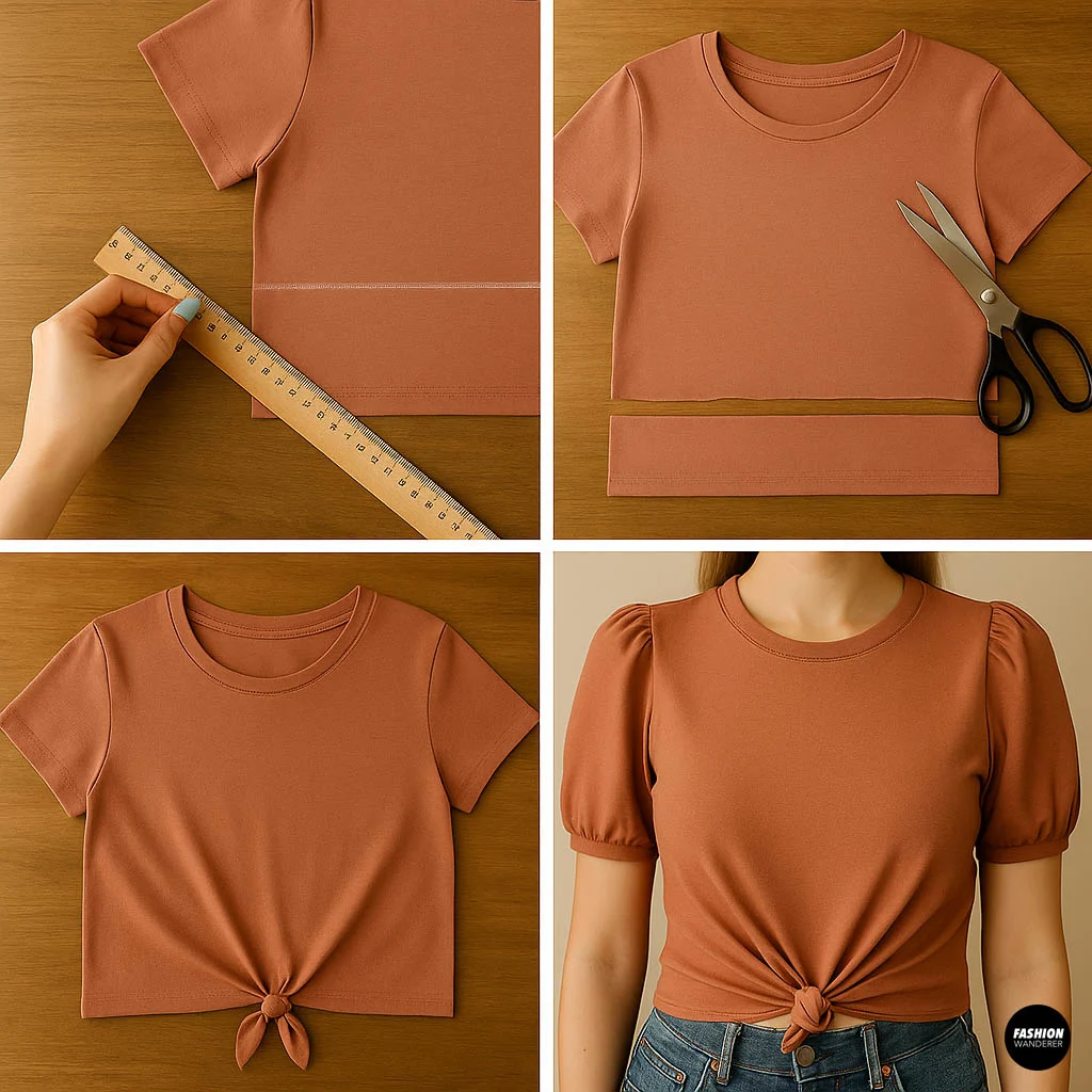 Collage showing hands measuring and cutting brown t-shirt hem, finished brown cropped t-shirt with knot front, and model wearing puff sleeve brown cropped t-shirt.