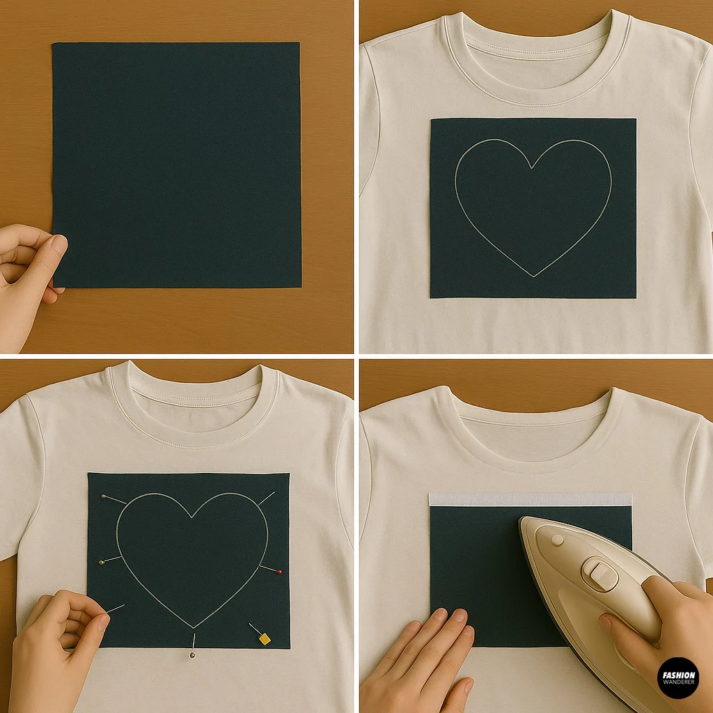 Four images: a hand holding a square of dark contrast fabric, the fabric pinned to a white T-shirt, pins securing the layers, and ironing light fusible webbing at the top edge.