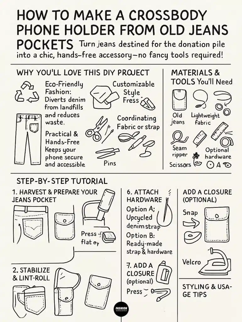 Step-by-step illustrated infographic showing how to make a crossbody phone holder from recycled denim jeans pockets. Includes eco-friendly fashion benefits, material list, and sewing instructions with hand-drawn visuals of each step like pressing, pinning, adding closures, and attaching straps.