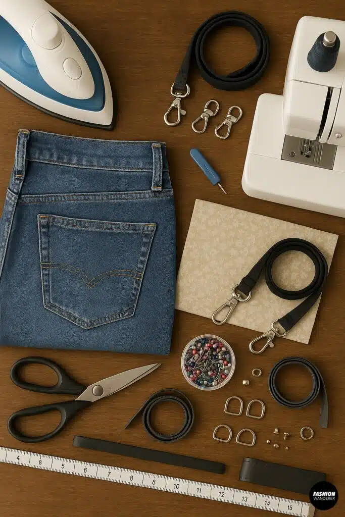 Top-down view of all materials needed to sew a crossbody phone holder from old jeans. Includes denim jeans, fabric lining, sewing machine, iron, seam ripper, scissors, measuring tape, strap hardware, colorful pins, and D-rings arranged neatly on a wood table background.