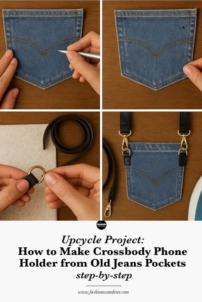 Pin-ready image showing how to make a crossbody phone holder from recycled denim jeans pockets. Includes sewing instructions with visuals of each step and finishing details.