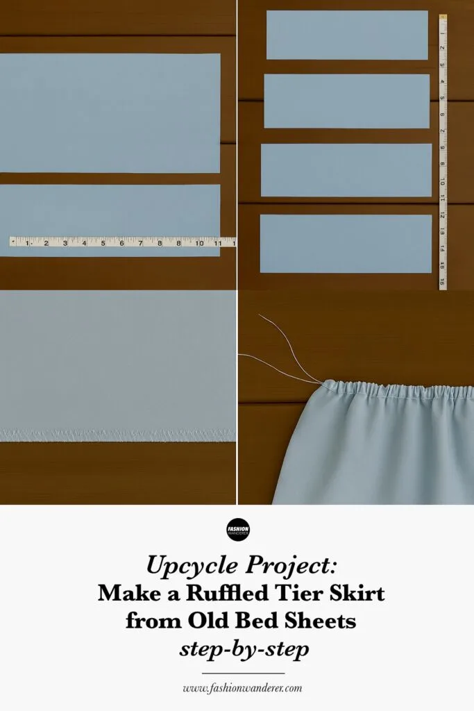Pinterest ready infograph showing step by step instructions to transform old bed sheets into ruffle tiered skirt.
