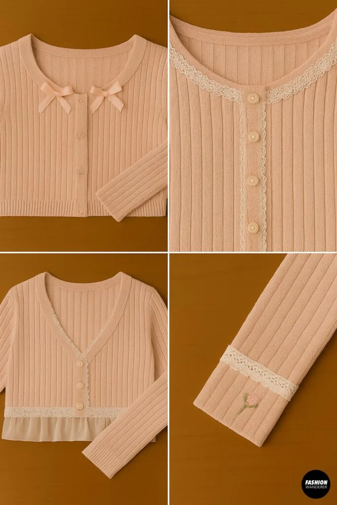 Decorative options for making a thrifted cardigan extra coquette, including lace trim, ribbon bows, embroidered flowers, pearl buttons, and chiffon ruffles.