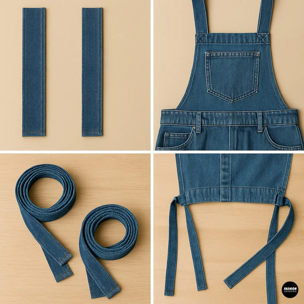Denim straps and waist ties shown before and after attachment to apron dress bodice, for adjustable support and waist shaping.