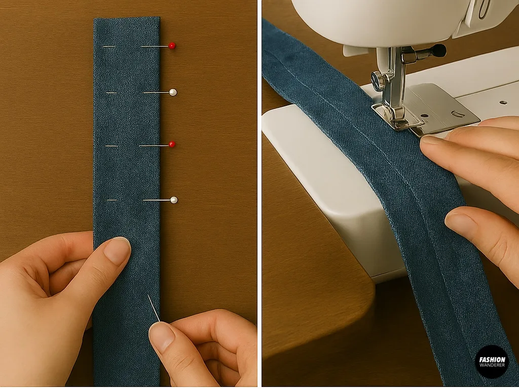 Close-up of sewing denim fabric into tote bag straps with pins and straight stitches on a sewing machine.