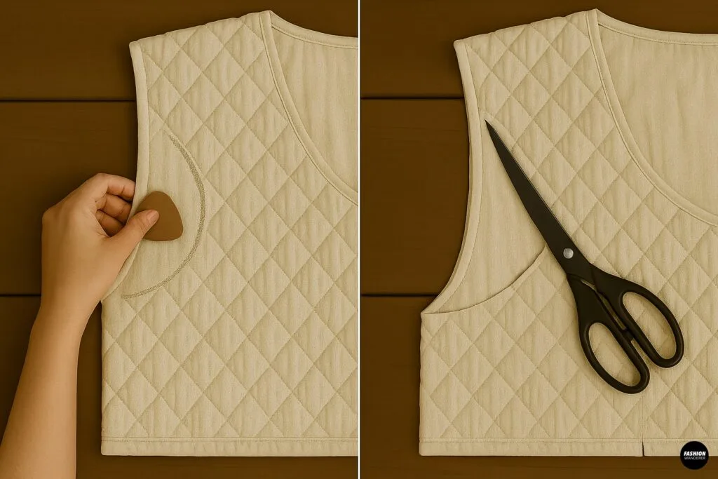 Close-up of marking armholes with tailor&rsquo;s chalk on quilted fabric and cutting them out with scissors for a DIY wrap coat.