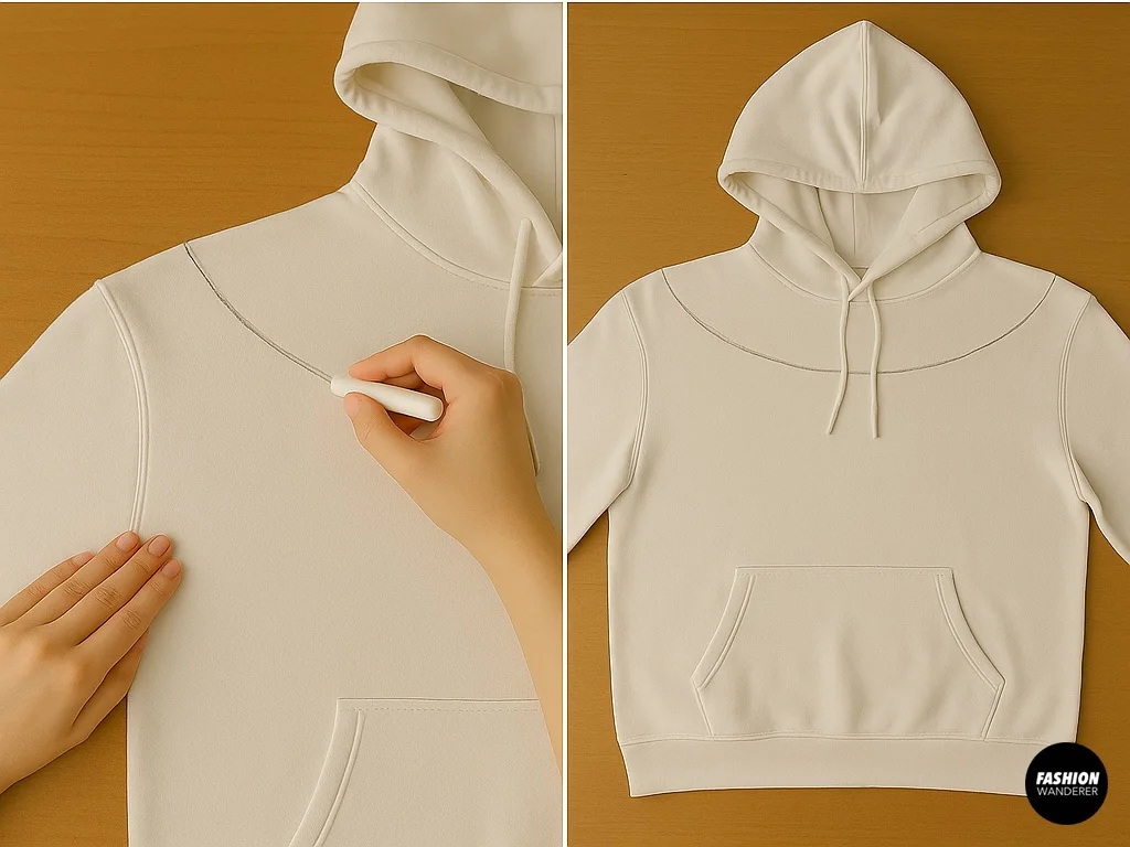 Step-by-step tutorial marking the off-the-shoulder neckline on a white hoodie with tailor&rsquo;s chalk for DIY hoodie hack.
