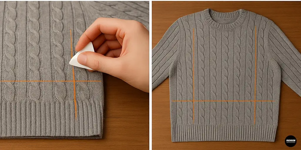 Hands marking cutting lines on grey cable-knit sweater with tailor&rsquo;s chalk for DIY vest project.