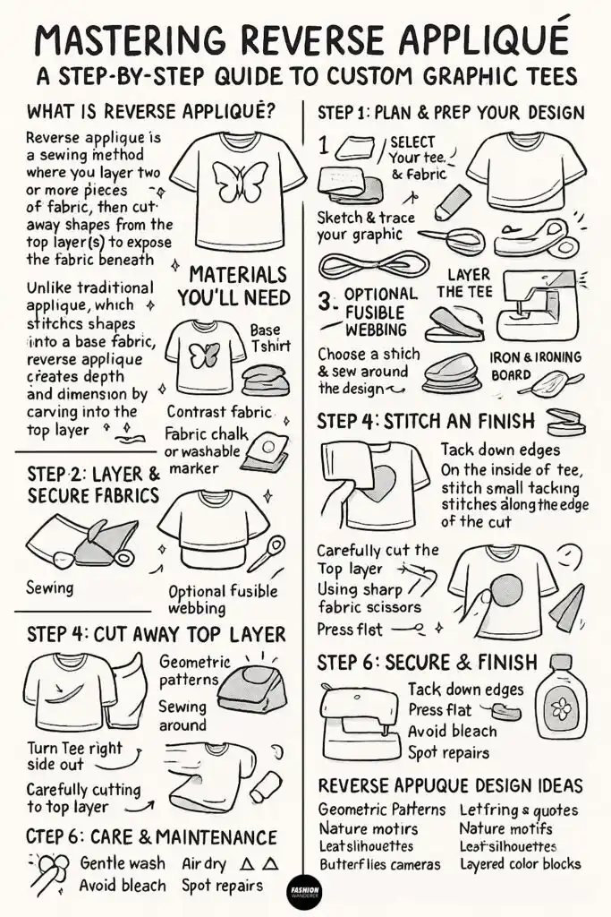 Black-and-white illustrated step-by-step infographic explaining reverse appliqu&eacute; on T-shirts, showing materials needed, layering fabrics, cutting away top layer, stitching, and care instructions.