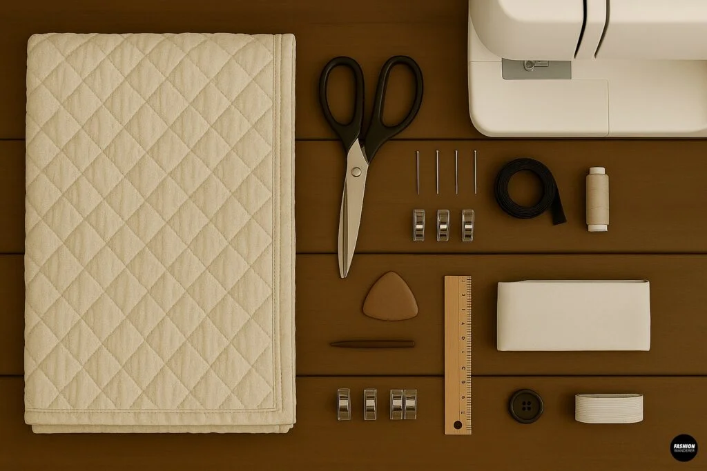 Flat lay of sewing materials including quilted blanket, scissors, thread, ruler, fabric clips, needles, bias tape, and sewing machine for DIY wrap coat project.