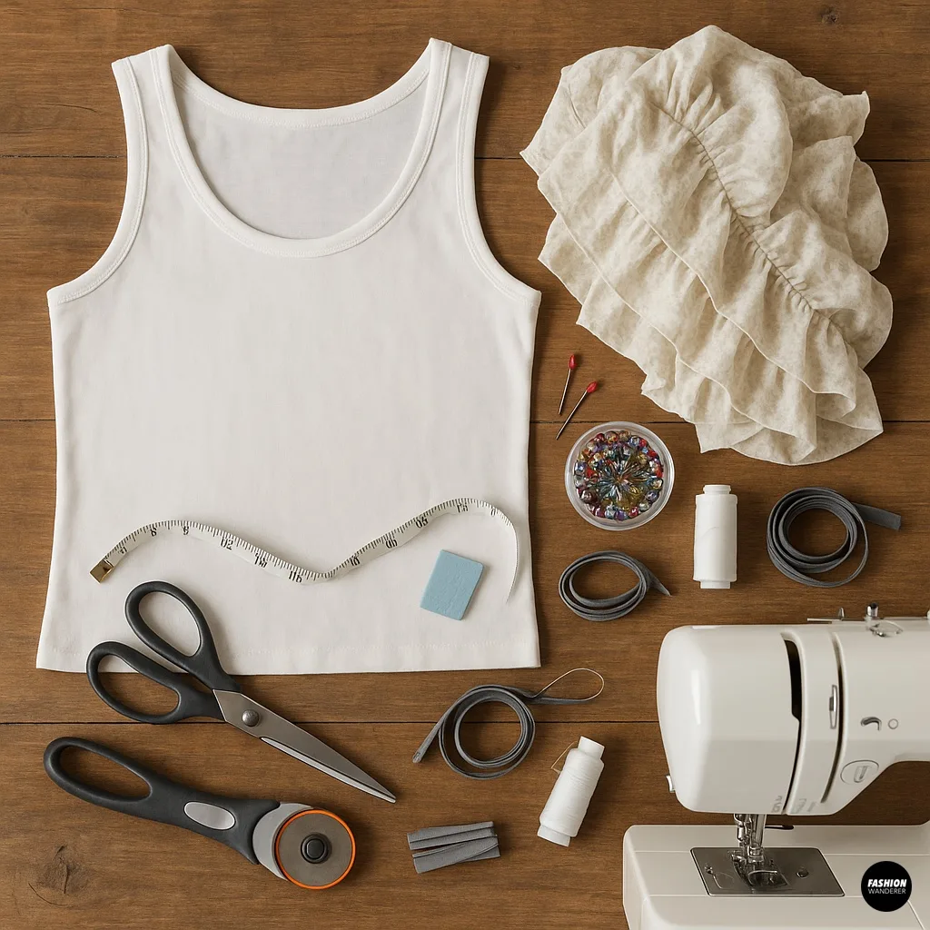 Top-down flatlay on a rustic wood table showing a white sleeveless tank, lightweight woven ruffle fabric, fabric scissors, rotary cutter, measuring tape, tailor&rsquo;s chalk, pins in a glass bowl, spools of matching thread, and sewing machine&mdash;materials needed for adding ruffle sleeves.