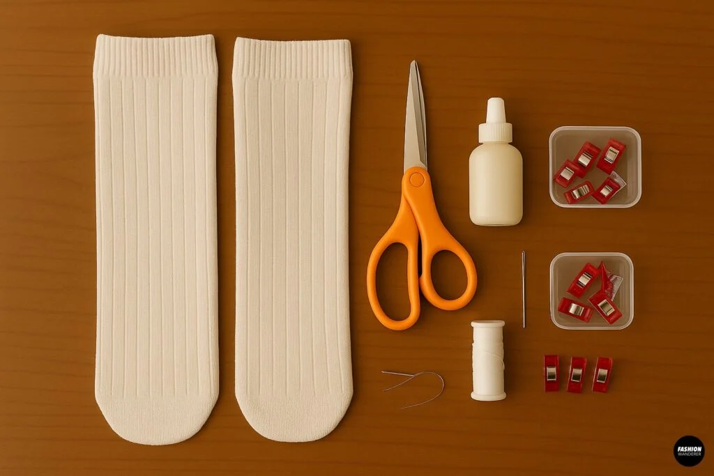 Flatlay of materials for DIY arm warmers from socks, including knee-high socks, scissors, thread, needle, fabric glue, and sewing clips on a wooden table.
