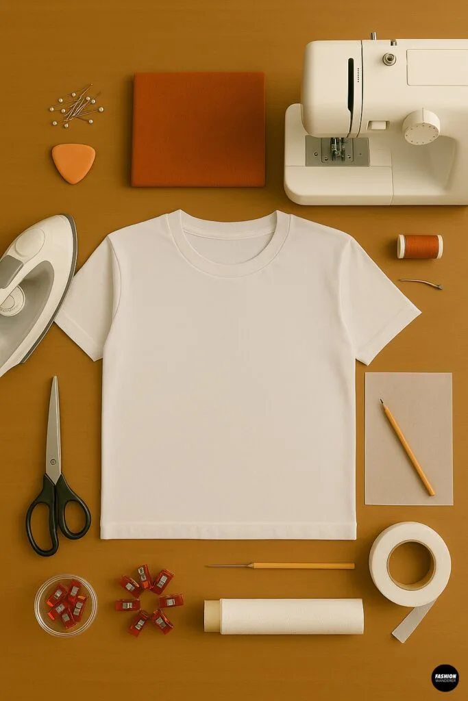 Top-down flatlay of reverse appliqu&eacute; materials on a wood table: sewing pins, fabric chalk, folded rust-colored contrast fabric, white T-shirt, iron, sewing machine, scissors, fabric clips, roller, and matching thread spool.