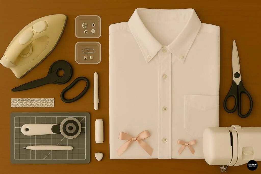 Flat lay of sewing materials including shirt, lace, scissors, iron, and thread for making detachable collars.
