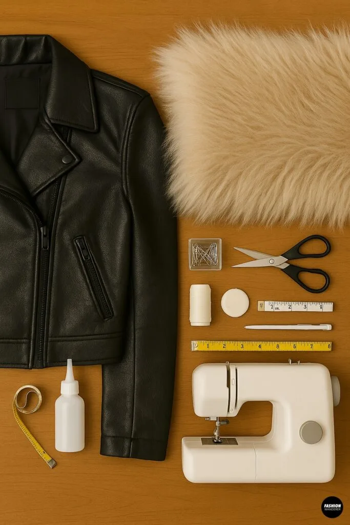 Flatlay of sewing materials for DIY faux fur trim jacket, including black leather jacket, beige faux fur fabric, scissors, sewing machine, pins, measuring tape, and thread on wooden table.
