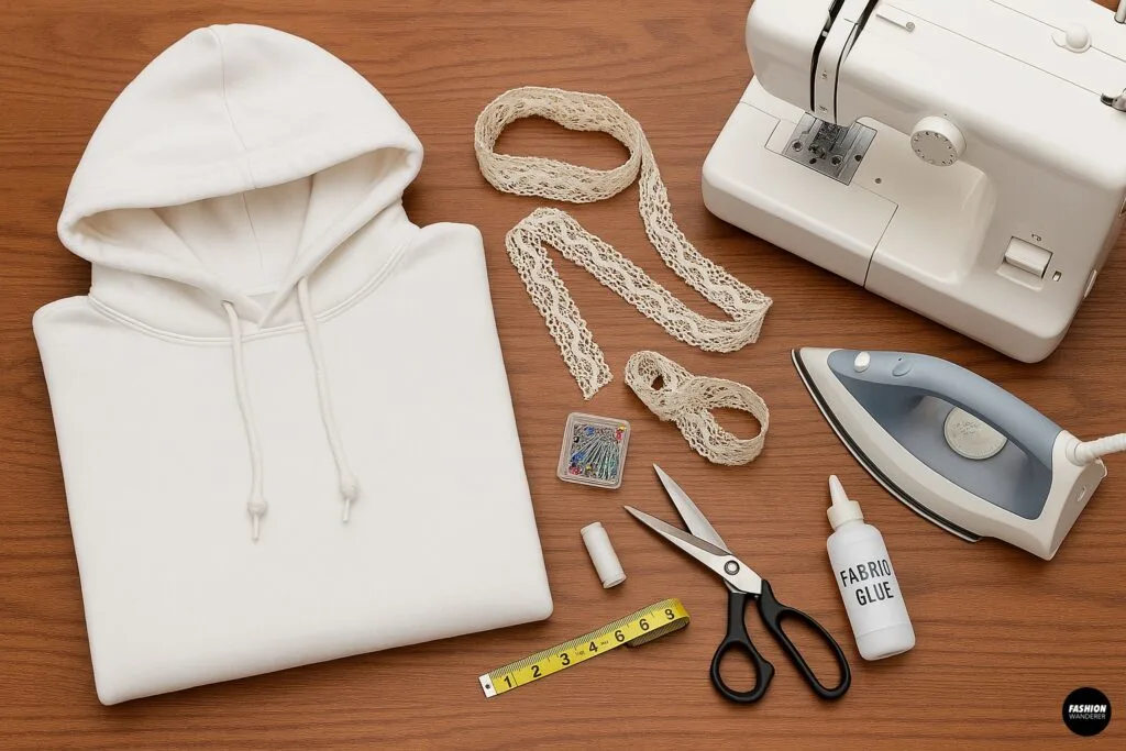 Flatlay of DIY hoodie project materials on wooden table including white hoodie, lace trim, sewing machine, scissors, thread, and fabric glue.