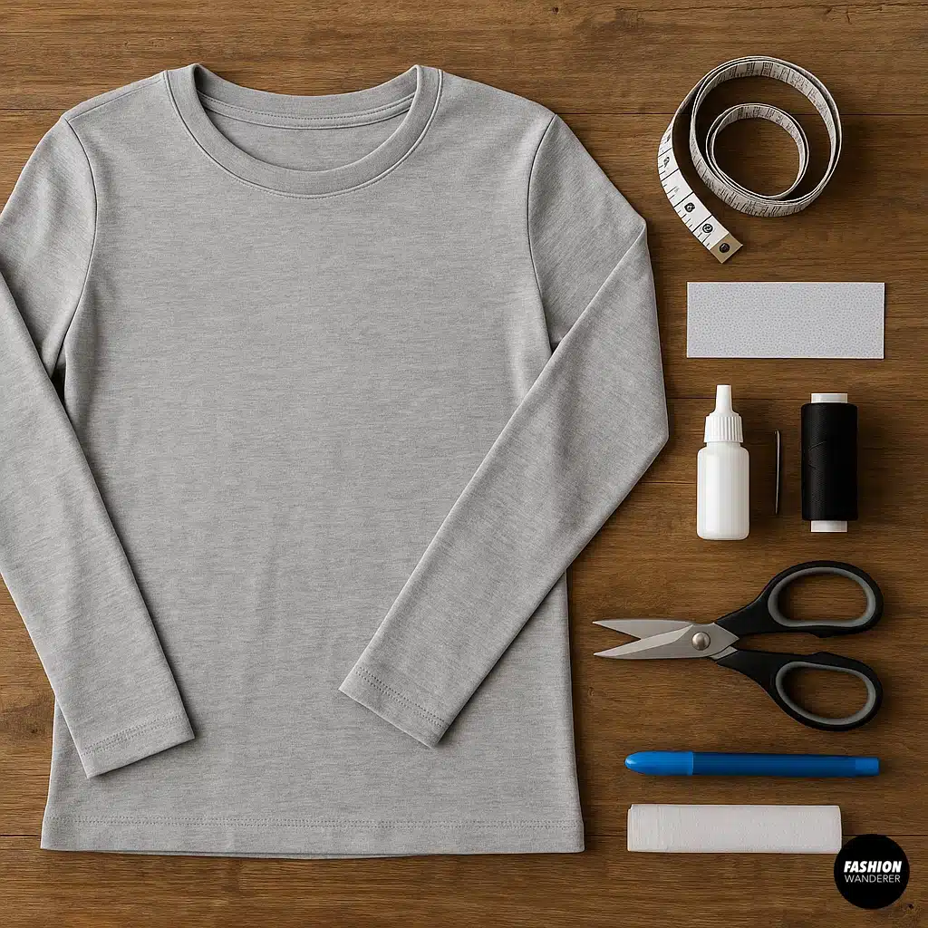 Flatlay photo of essential materials for a thumbhole shirt DIY project, including a gray long sleeve shirt, scissors, thread, fabric glue, interfacing, chalk marker, and measuring tape on a wooden surface.