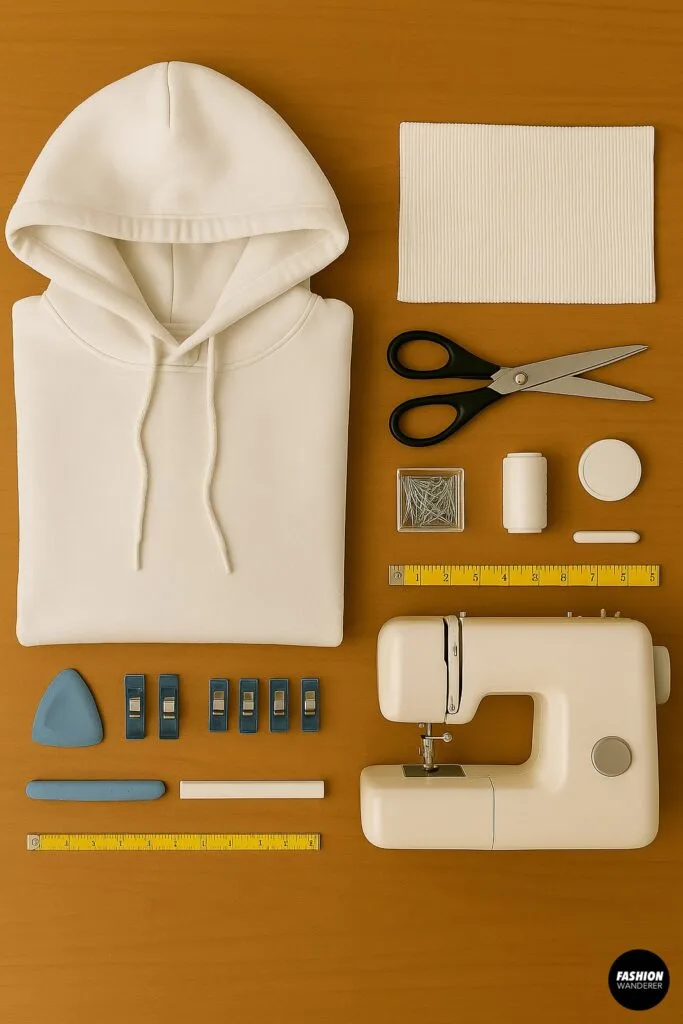 Flatlay of DIY hoodie hack materials including white hoodie, sewing machine, scissors, chalk, thread, and pins.