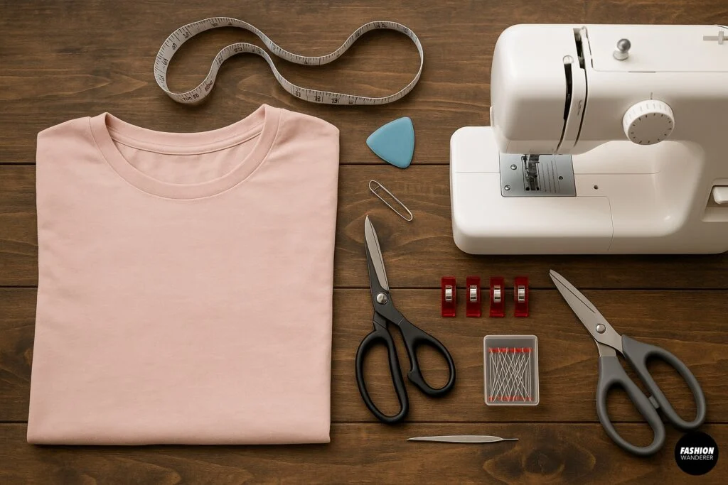 Flatlay of sewing tools on a wood table: pink folded T-shirt, measuring tape, tailor&rsquo;s chalk, clips, pins, scissors, seam ripper, and sewing machine for wrap top DIY.