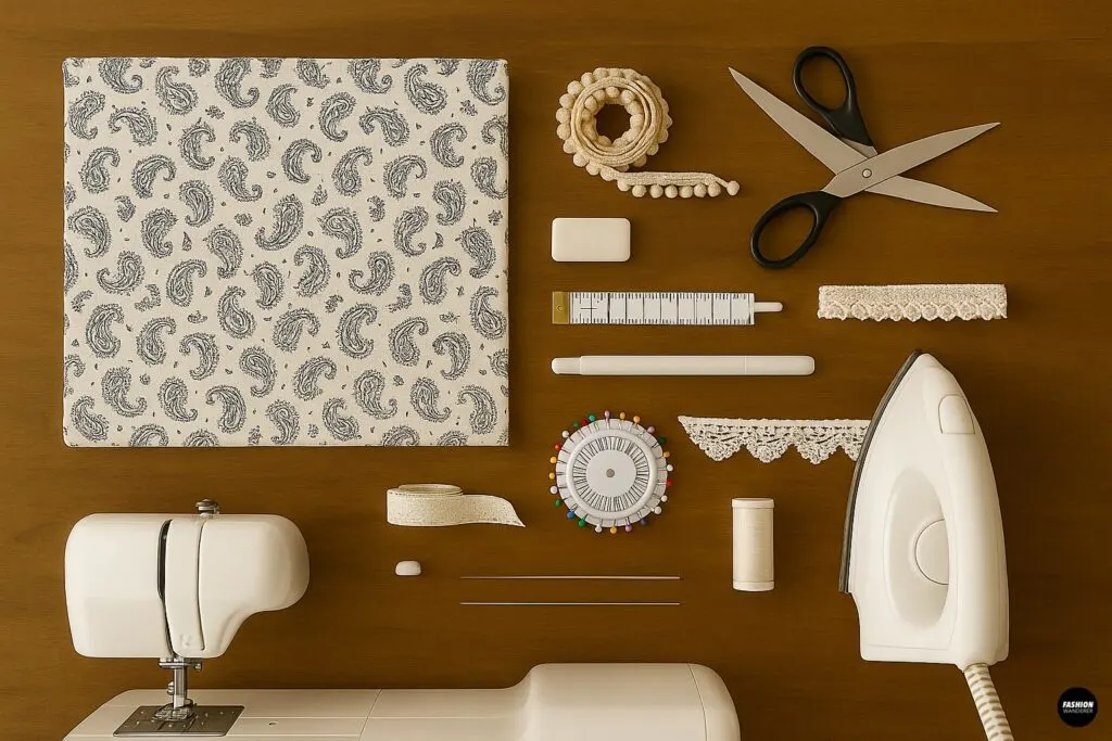 Top-down photo of a beige paisley print bedsheet folded next to fabric scissors, measuring tape, tailor&rsquo;s chalk, lace and pom-pom trim, pins, thread spool, sewing machine needle, and an iron on a wood tabletop.