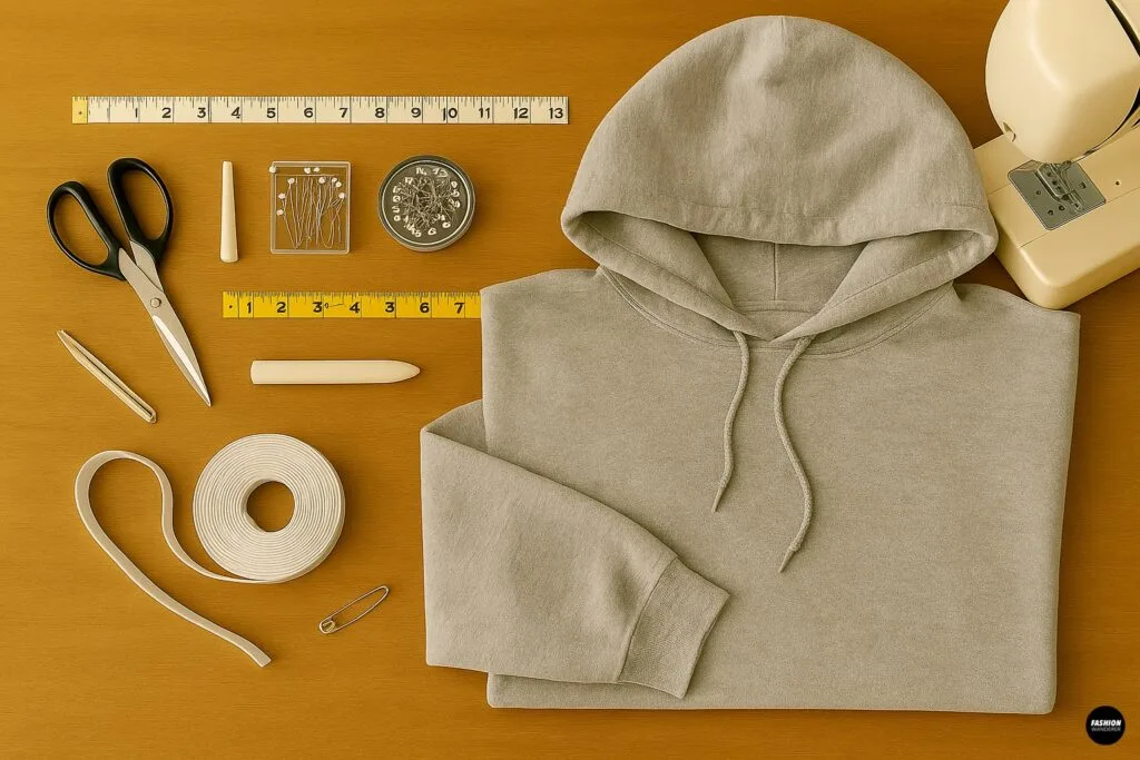 Flatlay of DIY sewing materials for making a hoodie crop top and skirt set including scissors, elastic, pins, measuring tape, and sewing machine.