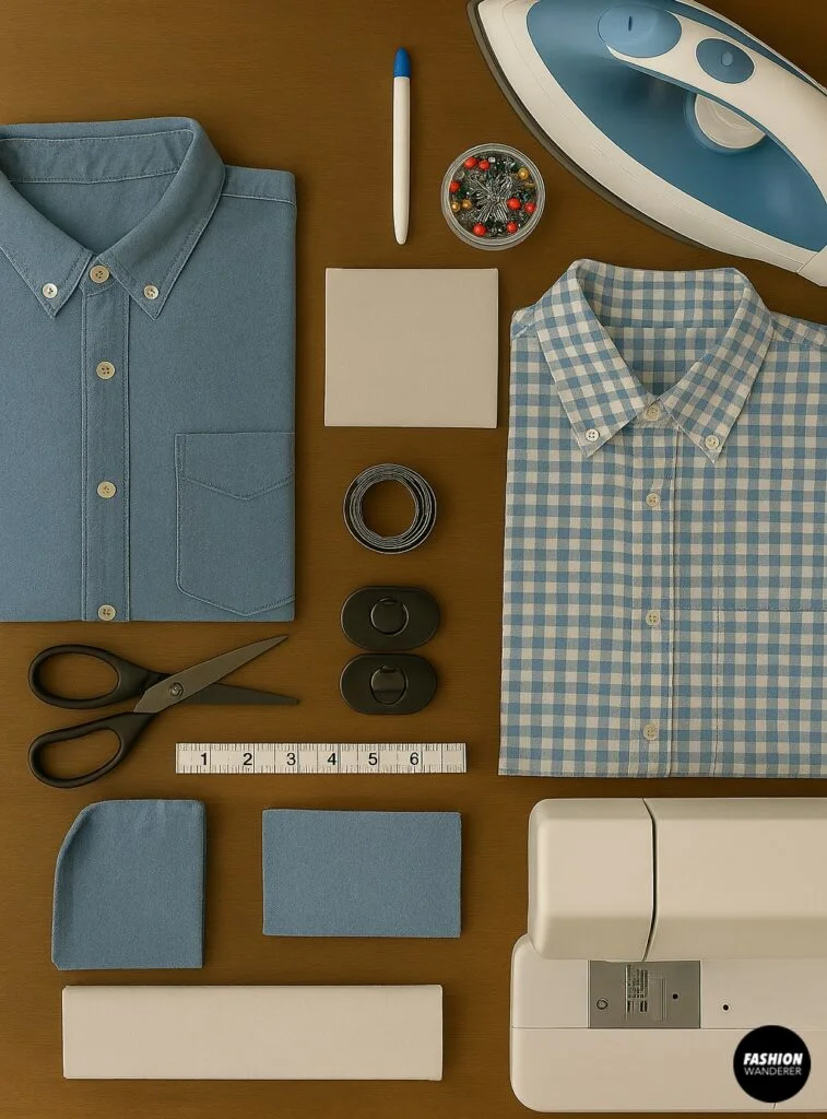 Sewing supplies flatlay with folded shirts, scissors, iron, fabric chalk, sewing pins, interfacing, and a measuring tape.