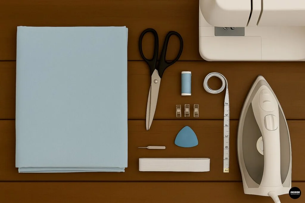 Flat lay of sewing materials including folded blue fabric, scissors, measuring tape, thread, pins, tailor’s chalk, iron, and sewing machine for DIY ruffled tier skirt project.