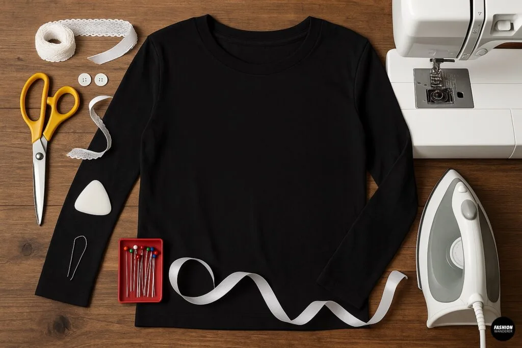 Flatlay of DIY sewing materials for making slit sleeves on a black long sleeve shirt. Includes scissors, tailor&rsquo;s chalk, pins, ribbon, buttons, sewing machine, and iron on a wooden table.