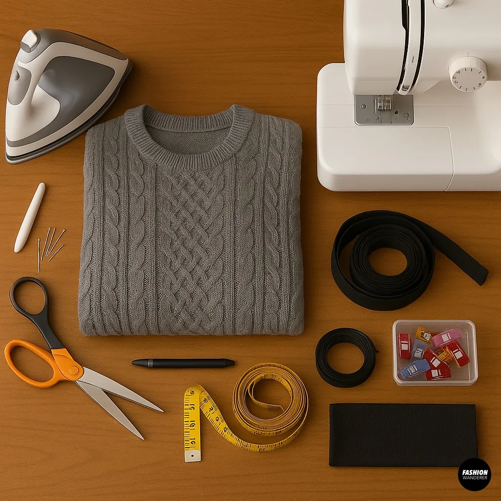 Flatlay of DIY sweater vest materials including grey cable-knit sweater, scissors, measuring tape, sewing machine, tailor&rsquo;s chalk, pins, sewing clips, black trim, and iron on wooden table.