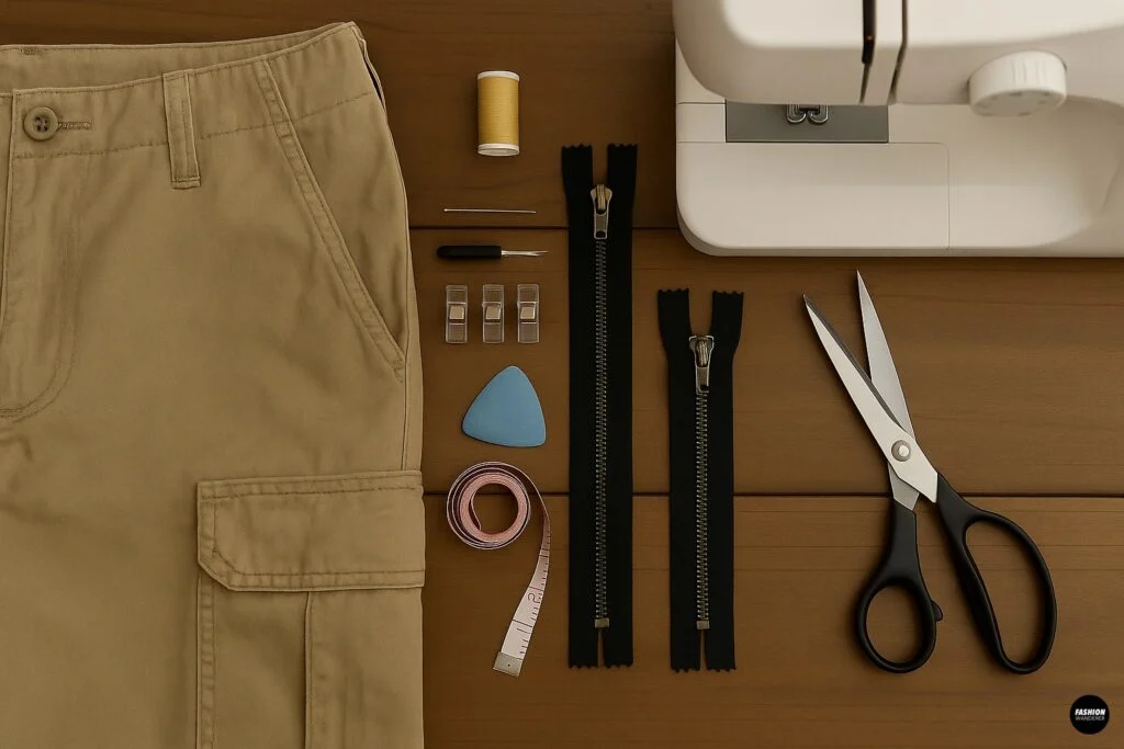 Flatlay of sewing materials for DIY zip-off cargo pants project including khaki cargo pants, scissors, black zippers, measuring tape, seam ripper, sewing clips, chalk, thread, needle, and sewing machine on wooden table.