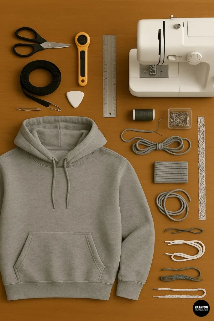Top-down flatlay on wood of all required tools: grey hoodie, sewing machine, scissors, rotary cutter, ruler, tailor&rsquo;s chalk, safety pin, black elastic band, pins, thread, rib knit scrap, drawcord, lace trim, and sewing clips.