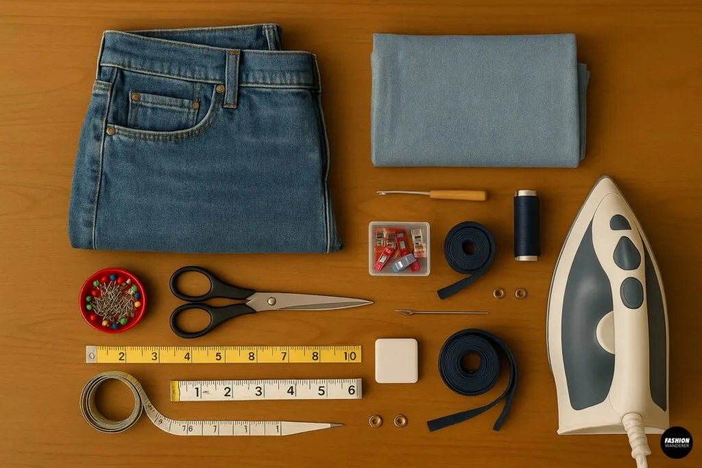 Flat lay of DIY sewing tools and denim jeans on wooden surface, including scissors, thread, iron, and measuring tape for turning jeans into an apron dress.
