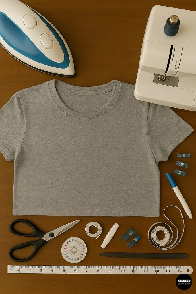 Top-down flat lay photo of DIY sewing tools including a gray T-shirt, fabric chalk, sewing machine, thread, measuring tape, ruler, scissors, and iron arranged on a wooden table for making an off-shoulder baby tee.