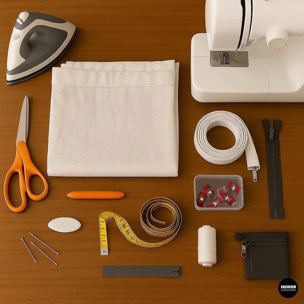 Materials flat lay — iron, sewing machine, scissors, tape measure, elastic, clips, zipper, and curtain fabric for DIY pleated mini skirt upcycle.