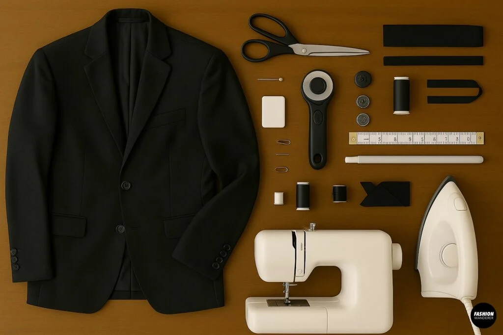 Top-down photo of black men&rsquo;s blazer, sewing machine, iron, rotary cutter, scissors, ruler, chalk, thread spools, bias tape, pins, and other notions on a wooden tabletop.