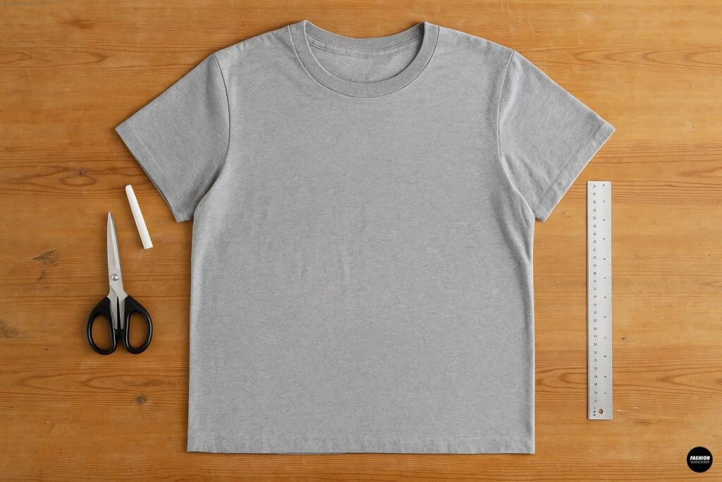 Flatlay photo of light grey T-shirt, scissors, ruler, and tailor’s chalk on wooden table for DIY T-shirt backpack tutorial.
