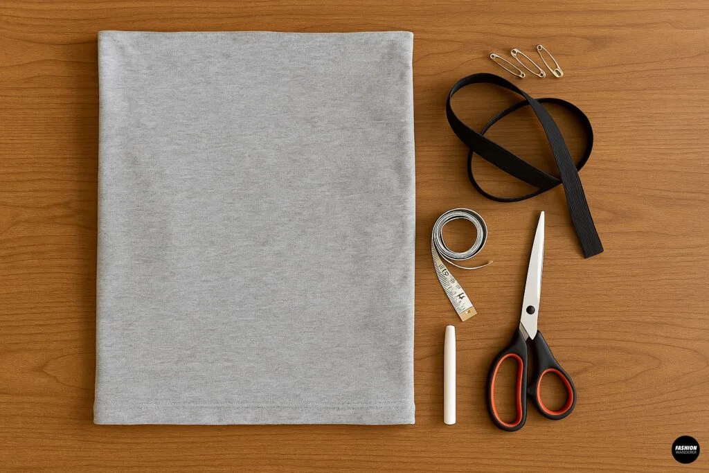 Materials flat lay for no-sew pillowcase mini skirt: pillowcase, elastic, measuring tape, scissors, chalk, safety pins.