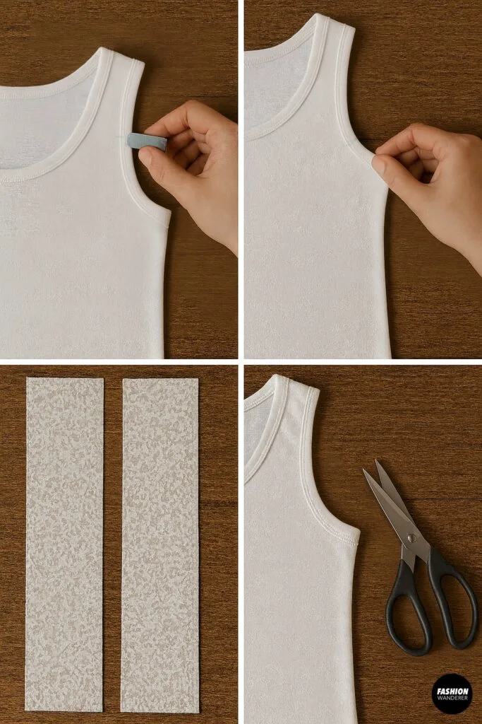 Close-up of a white tank top on a wood table; a hand marks the sleeve armhole with tailor&rsquo;s chalk, two narrow fabric strips cut and laid out side by side, and fabric scissors nearby, illustrating how to measure and cut ruffle strips for DIY tank sleeves.