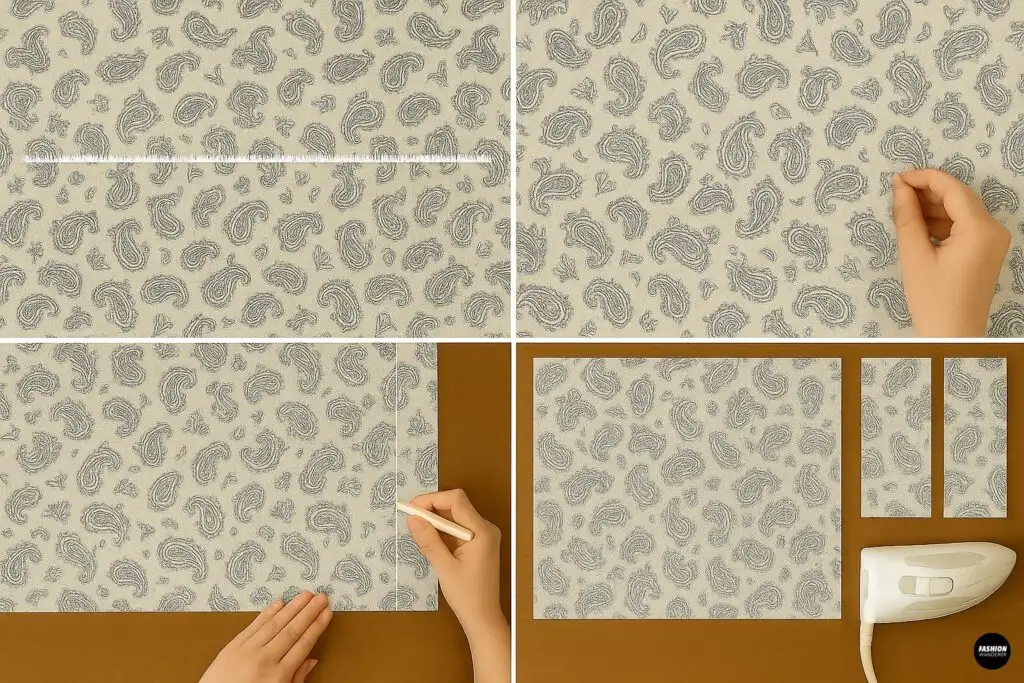 Collage of four photos showing a beige paisley sheet laid flat, measuring with a tape, marking a straight line with chalk, and cut fabric pieces next to an iron, ready for kimono panels.