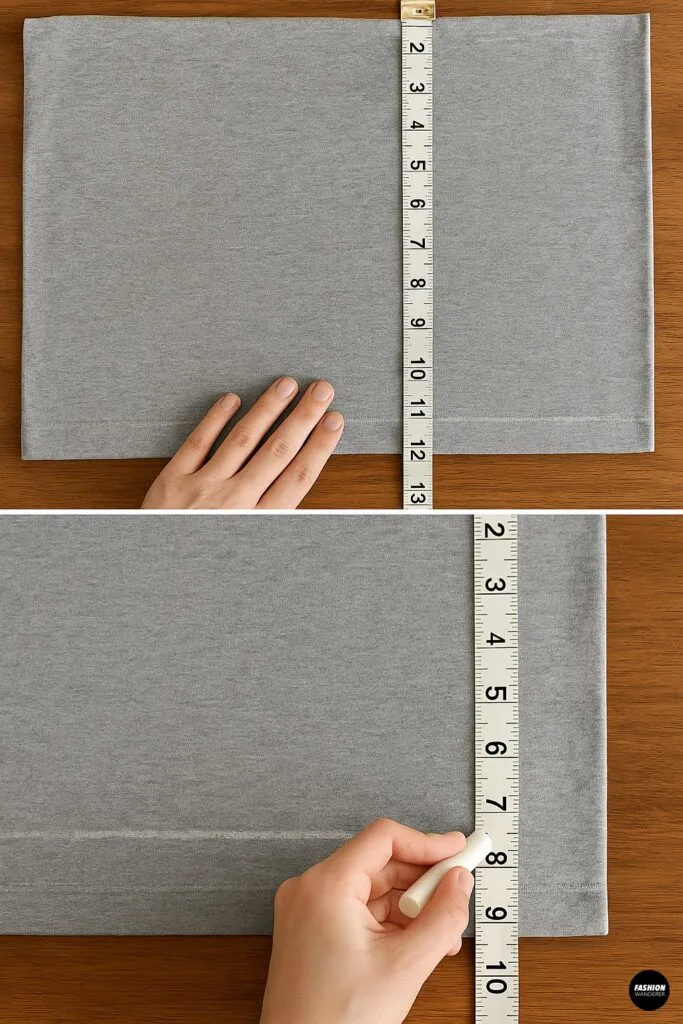 Top view of folded pillowcase with measuring tape and chalk marking skirt length for a no-sew mini skirt.