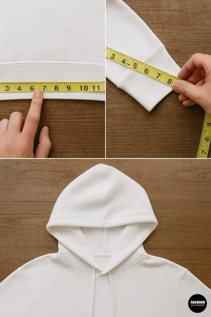 Measuring hoodie cuffs and hem with tape measure for lace trim sewing project, step-by-step beginner-friendly hoodie upcycle tutorial.