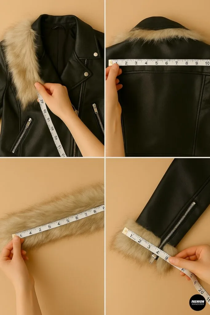 Step-by-step tutorial photos measuring jacket collar, back, cuffs, and faux fur strip with a measuring tape before sewing fur trim.