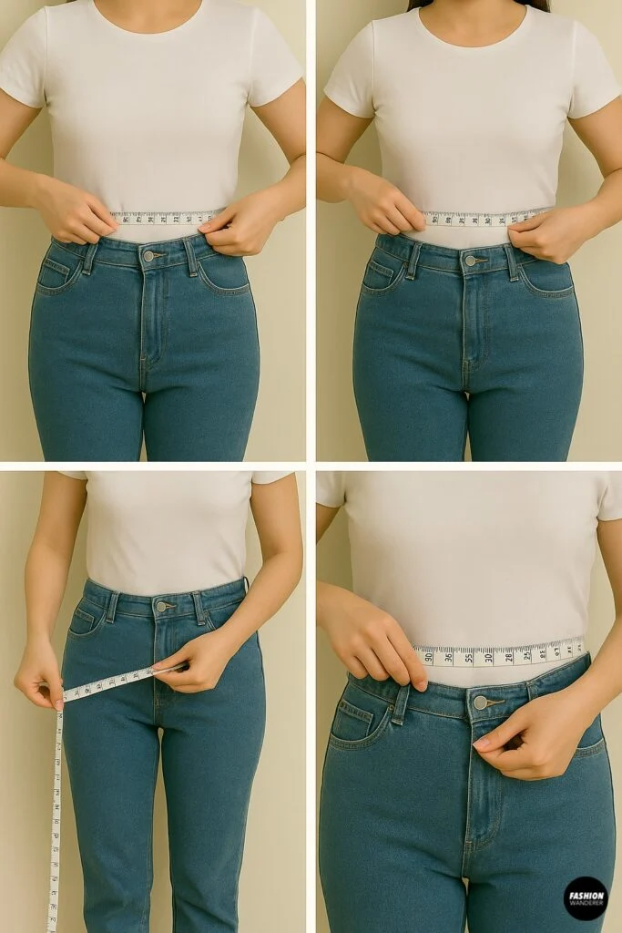 Woman in white tee and jeans measuring waist at natural waistline, hips, and total length with tape measure.