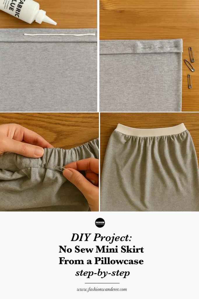 Step by step instructions to turn a pillowcase into no sew mini skirt.