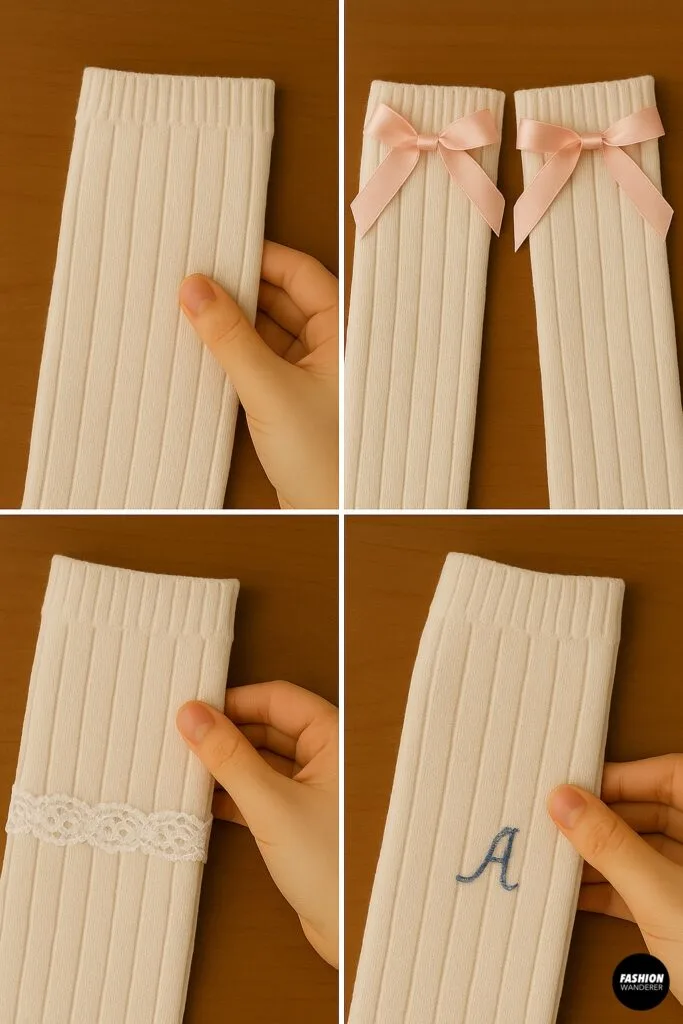 Customization ideas for DIY sock arm warmers&mdash;decorated with bows, lace trim, or embroidered initials for a balletcore look.