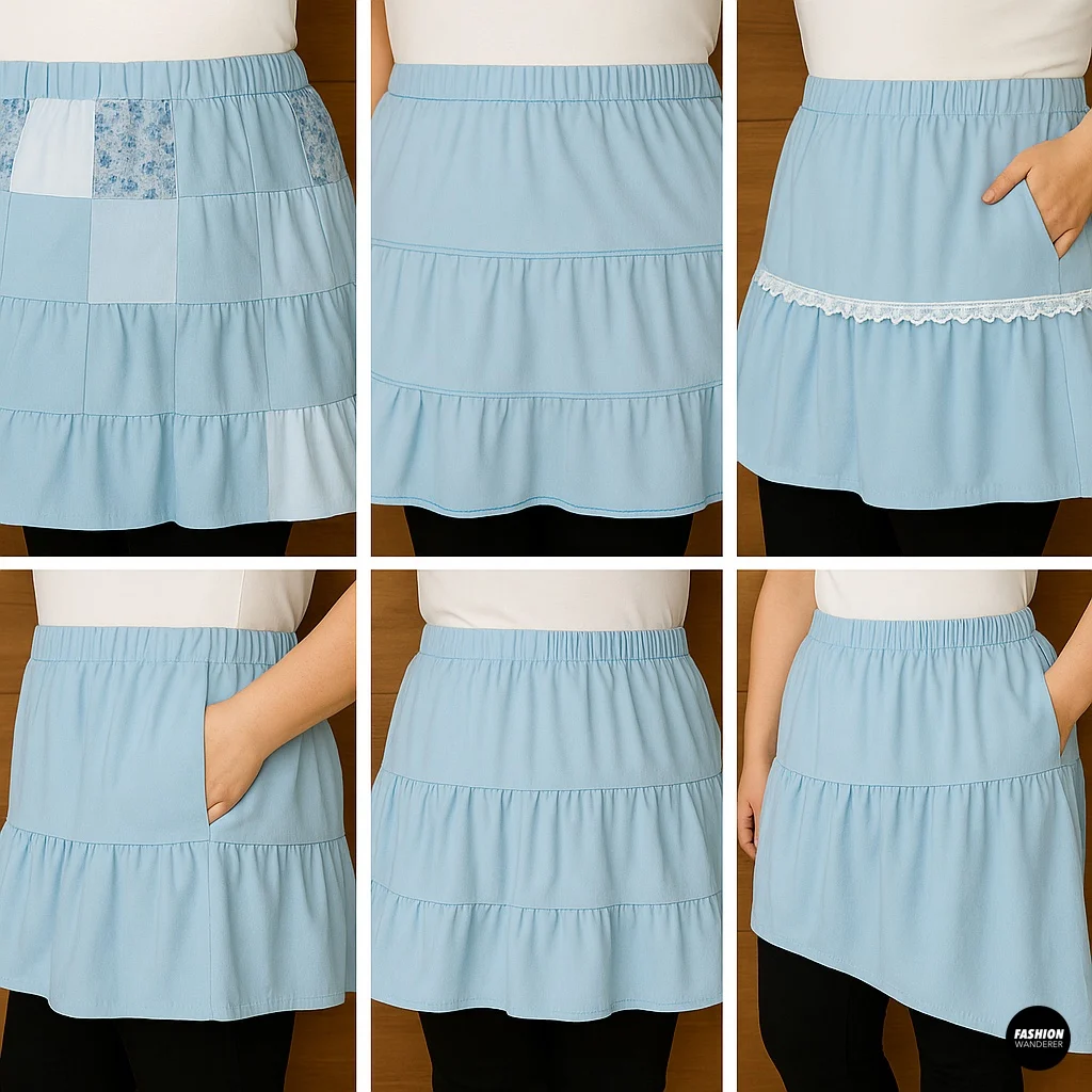 Examples of customized DIY ruffled skirts featuring patchwork, lace trim, hidden pockets, asymmetrical hem, and plain tiered designs.