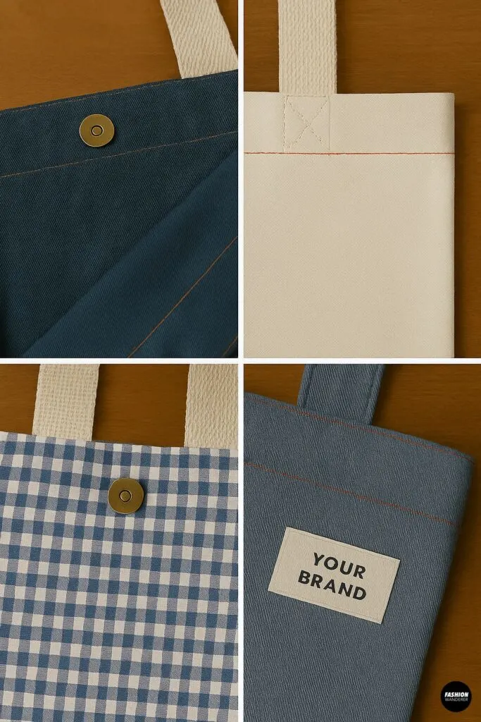 Close-ups of optional bag details including magnetic snap closure, boxed corners, brand label, and reinforced straps.
